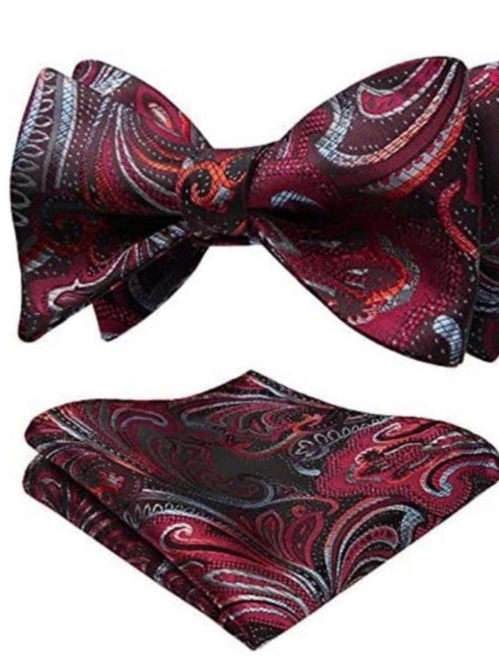 Men's Purple Paisley Bow Tie with Matching Pocket Square - Classic Formal Set